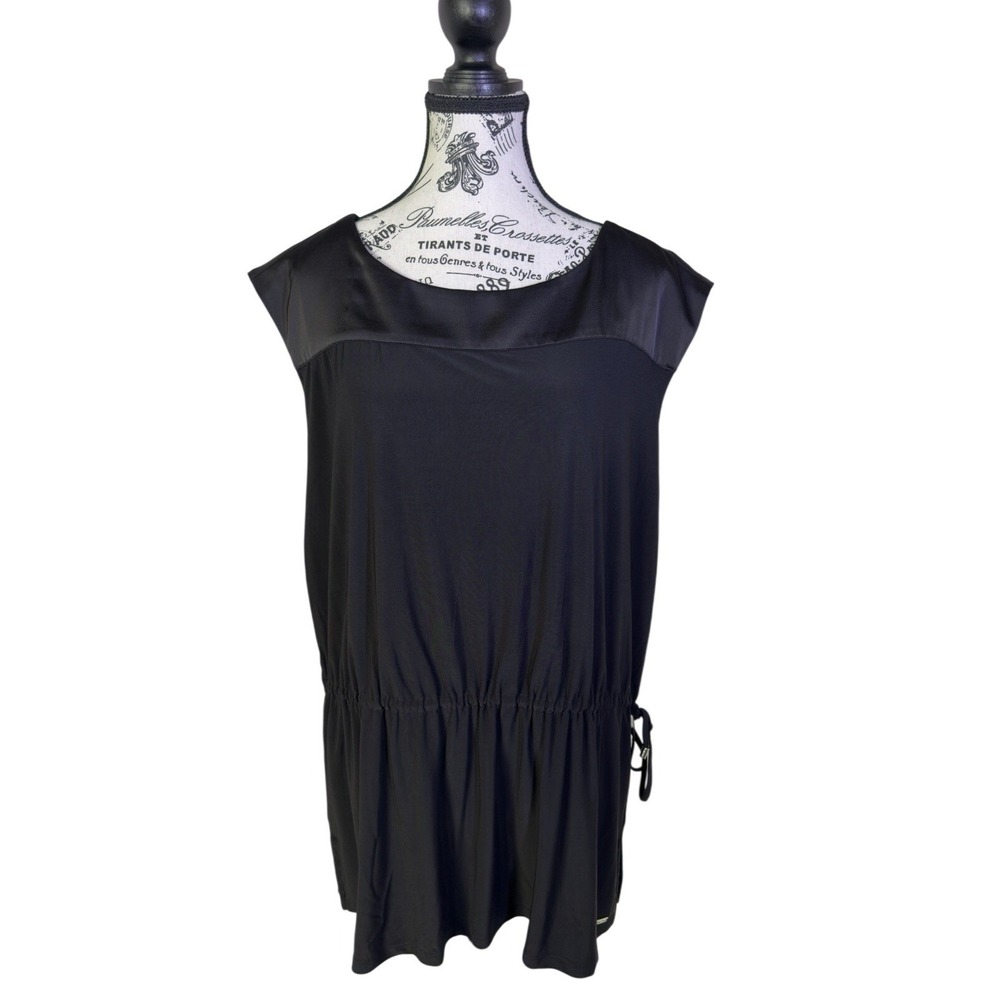 Calvin Klein Black Tunic Blouse Women XL Sheer Yoke Elastic Waist Sleeveless Top - Picture 2 of 8
